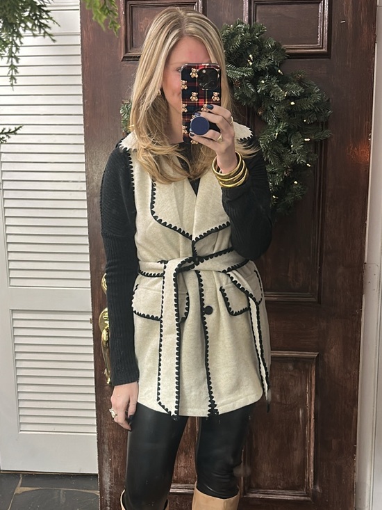 Amazon Jackets & Blazers - Amazon Cream Sleeveless Belted Vest with Black Trim